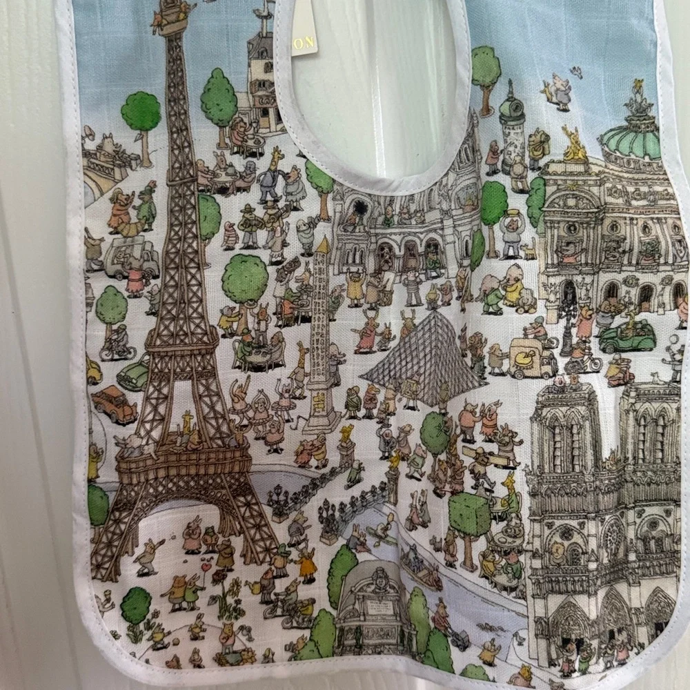 Paris Landmark Cotton Baby Bib in White and Light Blue